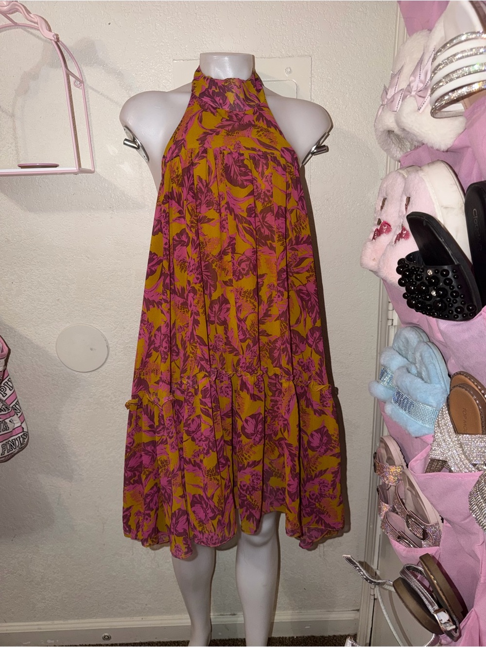 Vici Halter Floral Swing Mini Dress in Mustard and Magenta